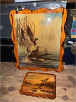 2- wood pictures- green head mallard ducks