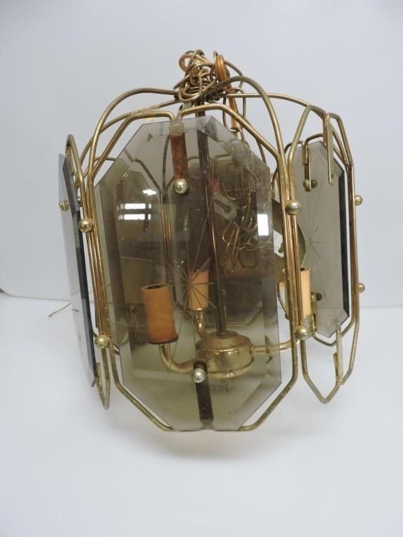 MID CENTURY BRASS CHANDELIER LIGHT FIXTURE SMOKED