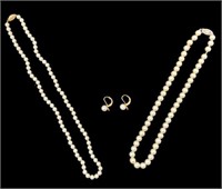 Lot: Two Pearl Necklaces & Pair of Pearl Earrings.