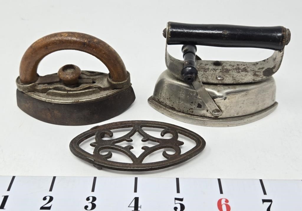 (2) Miniature Sad Irons & Trivet