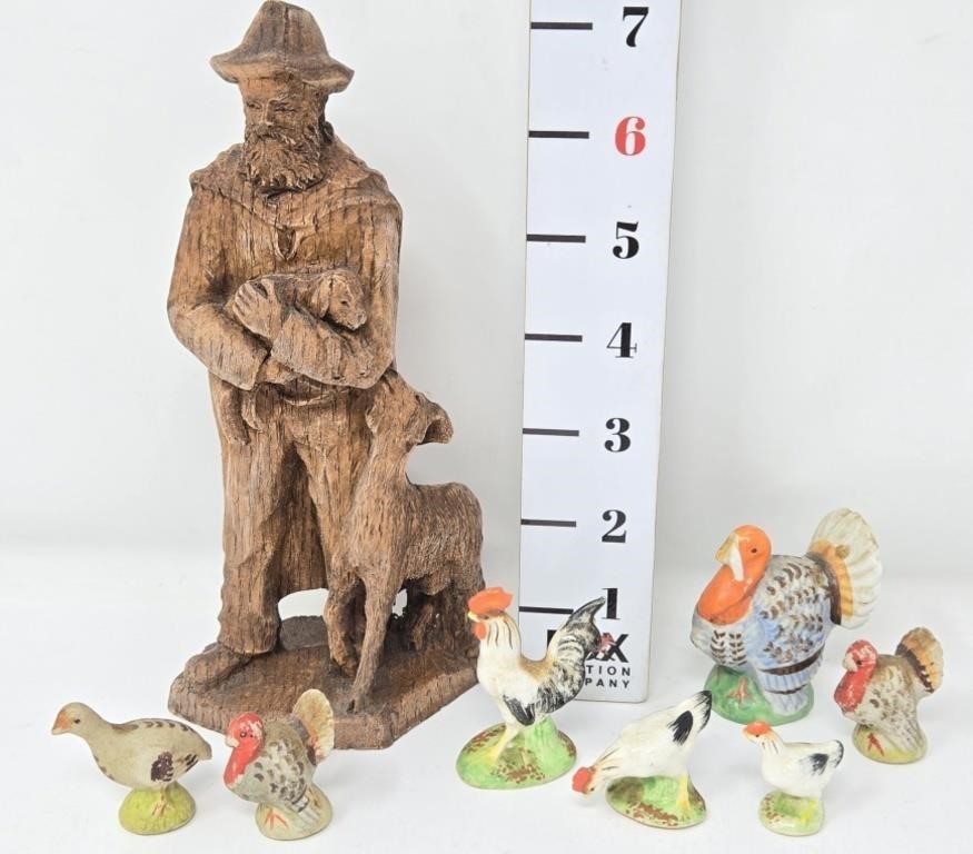 Chicken, Turkey & Man w/Dog Figurines