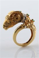 14k Yelow Gold, Emerald and Diamond Rams Head Ring