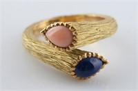 18k Yellow Gold, Coral and Lapis Bypass Ring