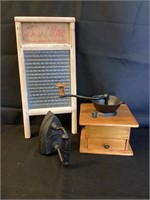 Antique washboard, iron and coffee grinder