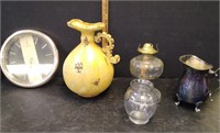 DECOR VASE, CLOCK, SILVERPLATE PITCHER, OILLAMP