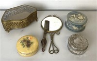 Vintage Vanity Mirror, Comb, and Boxes