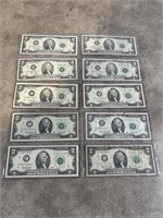 Assorted years $2 dollar bills, total of 10 bills