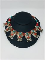 Tibetan Coral, turquoise, silver necklace
