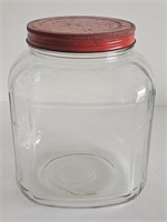 VTG RIBBED KITCHEN GLASS JAR WITH RED METAL LID
