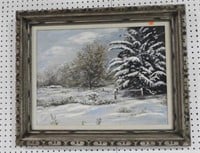 Framed Oil on canvas winter scene 25" T x 31"W