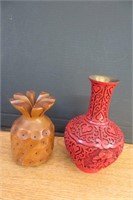 8" h Wood Over Brass Vase, 6" Wood Carved Pineap