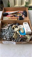 2 misc boxes chain, locks , door knocker, pliers,