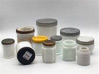 Lot of 11 Various Medicinal Jars-Most w/ Lids