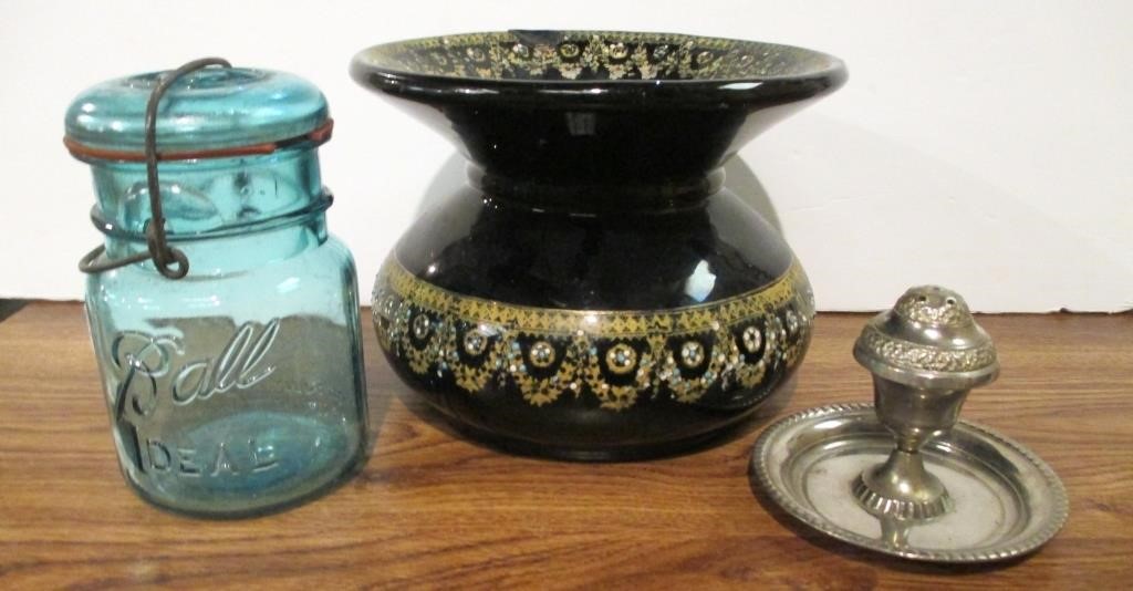 Pottery Spitoon, Blue Ball Jar,  Pin Holder