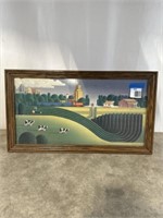 Framed farm and city outskirts artwork,