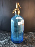 GERMAN BLUE GLASS ETCHED SODA SYPHON