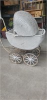 Antique White Wicker Baby Stroller full size buggy