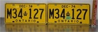 Pair of 1974 Ontario license plates