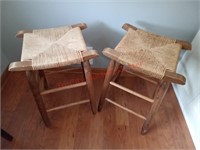 2 Wood & Wicker Stools & 2 Rugs