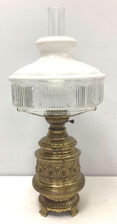 Electrified Brass Oil Lamp, Glass Shade