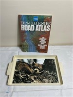 Raccoon serving tray and road atlas