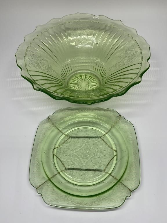 Green Depression Glass Square Plate & Bowl
