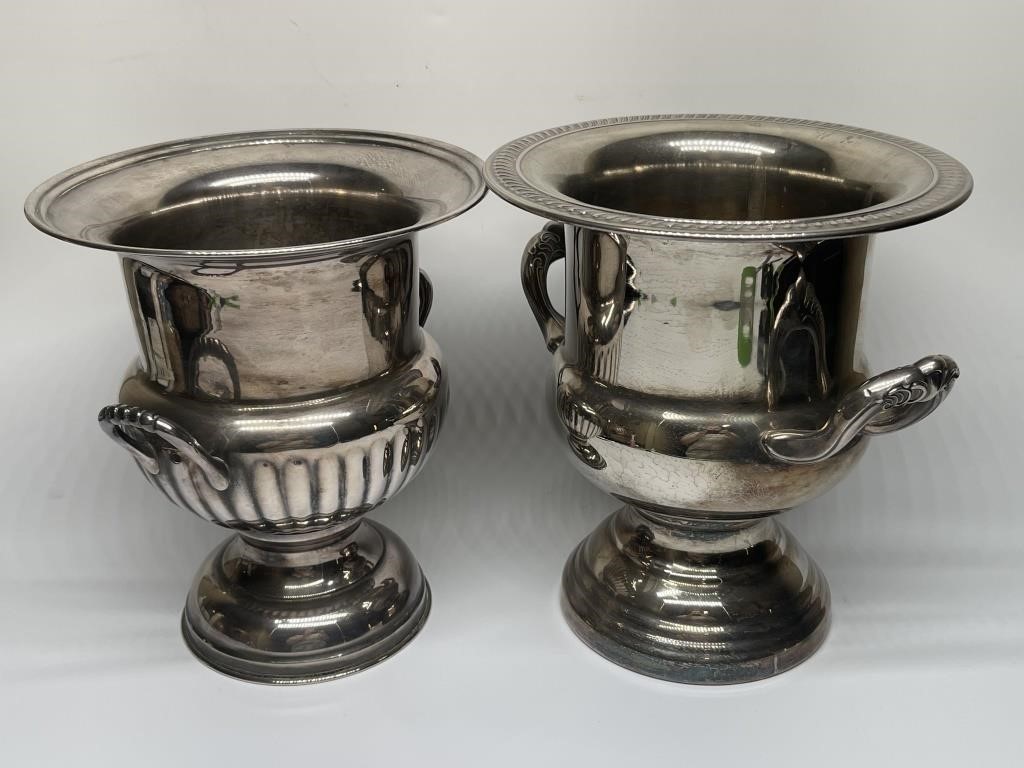 Pair Silver Tone Trophy Style Champagne Urns