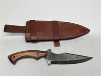 Damascus Steel Knife with Leather Sheath 10in L