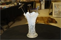 White Hobnail Opalescent Vase with 7 Hat Pins-1