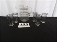 Pitcher & 5 Glasses - Clear Glass w/ Black Rings
