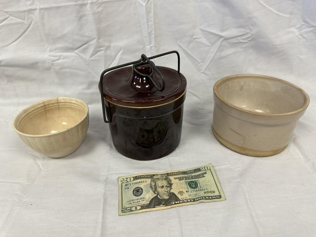 3 Antique Crock Containers Inc. Butter/Grease Bowl