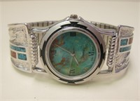 Sterling Silver Coral & Turquoise Inlay Watch Band