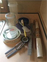 Can opener, ruler, grill tong, glass, kitchen
