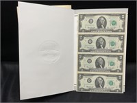 Uncut Sheet of 4 1976 $2 Bills Star Notes