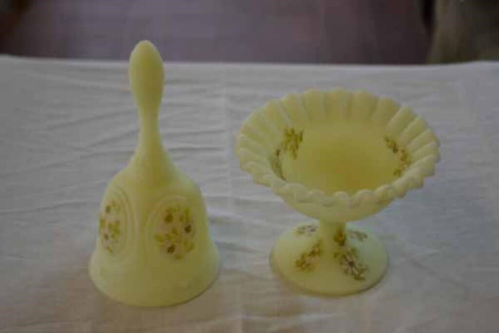Fenton Handpainted Custard Bell and Footed Compote