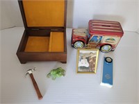 Jewelry box, bank, and other vintage items