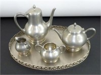 * 5 Piece Pewter Set - 1 Teapot, 1 Coffee Pot, 1