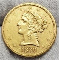 1880-S $5 Gold Liberty AU
