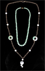 A 14K Gold & Jadeite Necklace & A Beaded Necklace