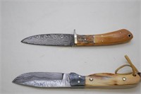2 custom made wood & bone handled knives with dama