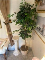 faux ficus tree and plant pedestal