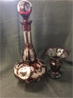 Etched Glass Stoppered Bottle & Vase