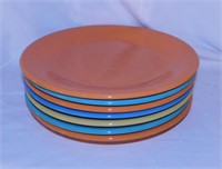 7 Fiesta dinner plates: 2 turquoise, 3 tangerine,