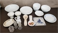 Lot of Corelle Dishes, Spoon Rests, Milk Glass