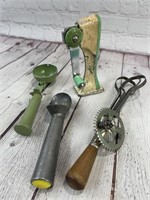 Vintage can opener ice cream scoops and blender