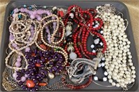 Large tray lot of mostly beaded necklaces. One
