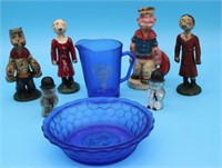 LOT 8 CHARACTER ITEMS, 2 CAST IRON POPEYE FIGURES