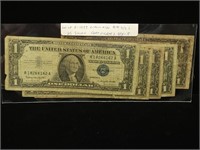FIVE 1957 $1 SILVER CERTIFICATES