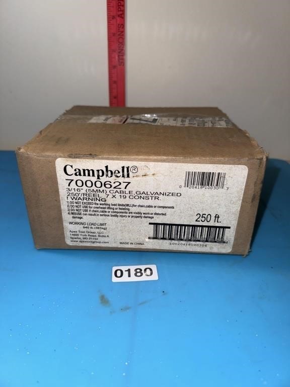 NIB Campbell 3/16 in  galvanized cable  250ft reel