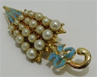 Vintage Pearl, Jewel, and Enamel Umbrella Brooch
